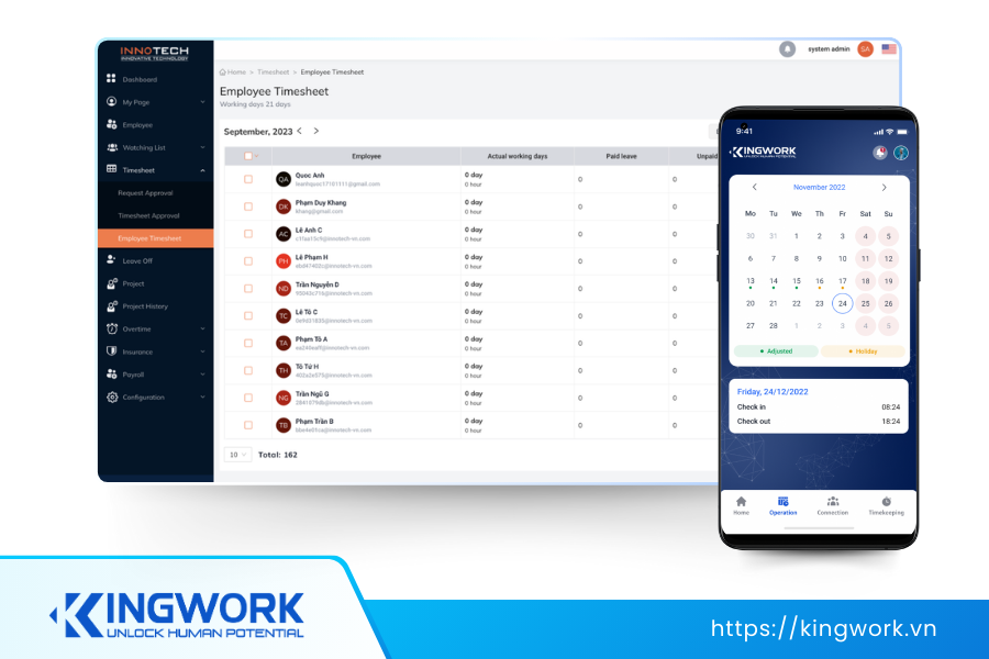 Giao diện phần mềm chấm công Kingwork